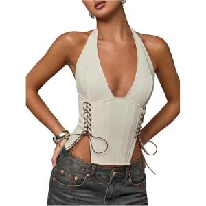 imageMakeMeChic Womens Corset Halter Tops Halloween Lace Up Corset Tops Y2K Cowgirl Crop TopWhite