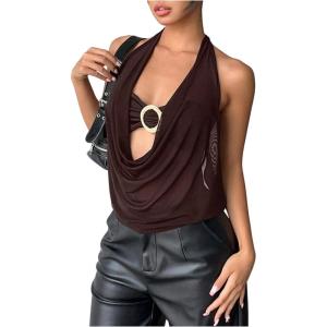 imageMakeMeChic Womens Mesh Tie Open Back Halter Tops Draped Y2k Tank with Metal Ring Bendeau BraBrown