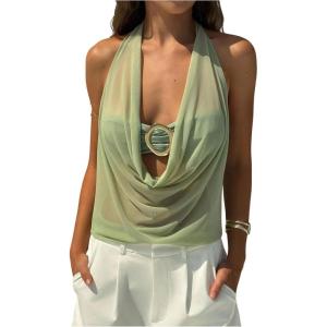 imageMakeMeChic Womens Mesh Tie Open Back Halter Tops Draped Y2k Tank with Metal Ring Bendeau BraGreen
