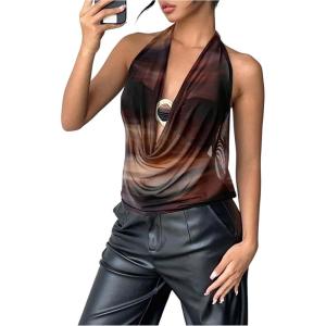 imageMakeMeChic Womens Mesh Tie Open Back Halter Tops Draped Y2k Tank with Metal Ring Bendeau BraMulticolor