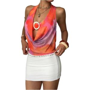 imageMakeMeChic Womens Mesh Tie Open Back Halter Tops Draped Y2k Tank with Metal Ring Bendeau BraOrange