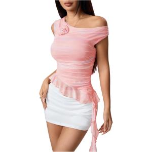 imageMakeMeChic Womens Off The Shoulder Tops 3D Floral Tie Dye Ruffle Ruched Asymmetrical Hem Top ShirtsMulticolor