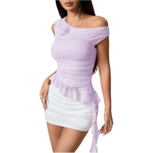 imageMakeMeChic Womens Off The Shoulder Tops 3D Floral Tie Dye Ruffle Ruched Asymmetrical Hem Top ShirtsPurple