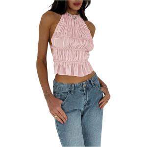 imageMakeMeChic Womens Open Back Halter Top Sleeveless Tie Backless Y2K Crop Going Out TopsPink
