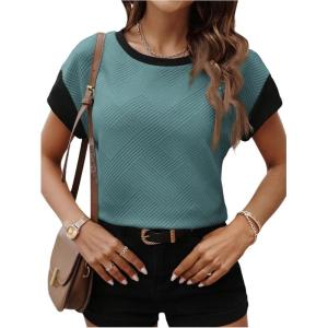 imageMakeMeChic Womens Summer Tops Short Sleeve Color Block Crew Neck Textured Dressy Work BlouseMint Green