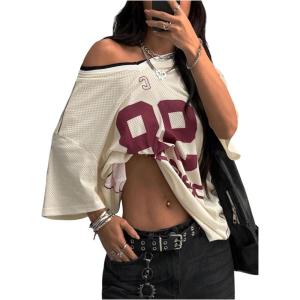 imageMakeMeChic Womens Y2k Mesh Jersey Oversized Shirt Graphic Tee Half Sleeve V Neck Streetwear Summer TopsBeige