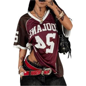 imageMakeMeChic Womens Y2k Mesh Jersey Oversized Shirt Graphic Tee Half Sleeve V Neck Streetwear Summer TopsBurgundy