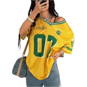 imageMakeMeChic Womens Y2k Mesh Jersey Oversized Shirt Graphic Tee Half Sleeve V Neck Streetwear Summer TopsYellow