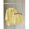 imageMakeMeChic Womens 2 Piece Summer Outfits Linen Half Sleeve Collared Shirt and Wide Leg Shorts Beach SetsYellow