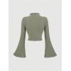 imageMakeMeChic Womens Bell Sleeve Crop Top Mock Neck Knit Lettuce Trim Rib Tee Shirt TopsArmy Green