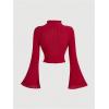 imageMakeMeChic Womens Bell Sleeve Crop Top Mock Neck Knit Lettuce Trim Rib Tee Shirt TopsBurgundy