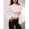 imageMakeMeChic Womens Bell Sleeve Crop Top Mock Neck Knit Lettuce Trim Rib Tee Shirt TopsWhite