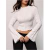 imageMakeMeChic Womens Bell Sleeve Crop Top Mock Neck Knit Lettuce Trim Rib Tee Shirt TopsWhite
