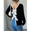 imageMakeMeChic Womens Bow Knot Long Sleeve Tee Shirt Contrast Binding Crew Neck TopBlack