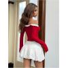 imageMakeMeChic Womens Bow Off The Shoulder Long Sleeve T Shirt Top Ruffle Fitted Crop TopsRed
