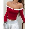 imageMakeMeChic Womens Bow Off The Shoulder Long Sleeve T Shirt Top Ruffle Fitted Crop TopsRed