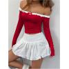imageMakeMeChic Womens Bow Off The Shoulder Long Sleeve T Shirt Top Ruffle Fitted Crop TopsRed