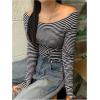 imageMakeMeChic Womens Casual Off Shoulder Tee Shirt Striped Print Long Sleeve Crop TopsBlack and White