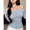 imageMakeMeChic Womens Casual Off Shoulder Tee Shirt Striped Print Long Sleeve Crop TopsBlue