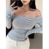 imageMakeMeChic Womens Casual Off Shoulder Tee Shirt Striped Print Long Sleeve Crop TopsBlue