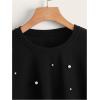 imageMakeMeChic Womens Casual Round Neck Pearl Sweatshirt Long Sleeve Drop Shoulder Pullover TopsBlack