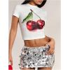 imageMakeMeChic Womens Cherry Print Mock Neck Short Sleeve Summer Tee Shirt Crop TopsWhite