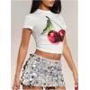 imageMakeMeChic Womens Cherry Print Mock Neck Short Sleeve Summer Tee Shirt Crop TopsWhite