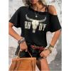 imageMakeMeChic Womens Cow Print Cold Shoulder T Shirt Short Sleeve Cowgirl Tee TopsBlack