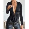 imageMakeMeChic Womens Deep V Neck Draped Front T Shirt Metal Ring Long Sleeve Going Out TopsBlack