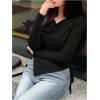imageMakeMeChic Womens Draped Cowl Neck Drawstring Ruched Tee Asymmetrical Hem Long Sleeve Slim Fitted T Shirt TopBlack