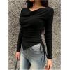 imageMakeMeChic Womens Draped Cowl Neck Drawstring Ruched Tee Asymmetrical Hem Long Sleeve Slim Fitted T Shirt TopBlack