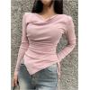 imageMakeMeChic Womens Draped Cowl Neck Drawstring Ruched Tee Asymmetrical Hem Long Sleeve Slim Fitted T Shirt TopPink