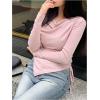 imageMakeMeChic Womens Draped Cowl Neck Drawstring Ruched Tee Asymmetrical Hem Long Sleeve Slim Fitted T Shirt TopPink