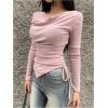 imageMakeMeChic Womens Draped Cowl Neck Drawstring Ruched Tee Asymmetrical Hem Long Sleeve Slim Fitted T Shirt TopPink