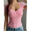 imageMakeMeChic Womens Floral Lace Bow T Shirt Sweetheart Cap Sleeve Fitted Y2k TopsPink