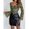 imageMakeMeChic Womens Floral Mesh Bell Sleeve Square Neck Ruched Fitted Tee Shirt TopsGreen