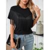 imageMakeMeChic Womens Fringe Tops Short Sleeve Tassel Trim Dressy Casual Summer Trendy Tops Tee Shirt Black Large