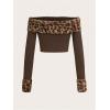 imageMakeMeChic Womens Fuzzy Leopard Print Off The Shoulder Tops Long Sleeve Slim Fitted Y2K Crop TopsCoffee Brown