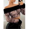 imageMakeMeChic Womens Fuzzy Leopard Print Off The Shoulder Tops Long Sleeve Slim Fitted Y2K Crop TopsMulticolor
