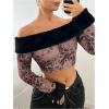 imageMakeMeChic Womens Fuzzy Leopard Print Off The Shoulder Tops Long Sleeve Slim Fitted Y2K Crop TopsMulticolor