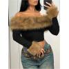 imageMakeMeChic Womens Fuzzy Leopard Print Off The Shoulder Tops Long Sleeve Slim Fitted Y2K Crop TopsMulticolor B