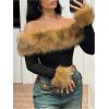 imageMakeMeChic Womens Fuzzy Leopard Print Off The Shoulder Tops Long Sleeve Slim Fitted Y2K Crop TopsMulticolor B