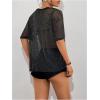 imageMakeMeChic Womens Glitter Sequin Mesh Tops Crew Neck Short Sleeve Sheer Summer Tee Shirt Y2k Party TopBlack