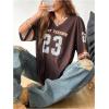 imageMakeMeChic Womens Jersey Shirt V Neck Y2K Jersey Top Oversized Short Sleeve Letter Graphic ShirtsCoffee Brown