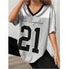 imageMakeMeChic Womens Letter Graphic V Neck Short Sleeve Drop Shoulder Tee Jersey TopGrey