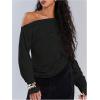 imageMakeMeChic Womens Off The Shoulder Long Sleeve Tops Going Out Asymmetrical Tops Y2k Cropped SweatshirtBlack