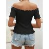 imageMakeMeChic Womens Off The Shoulder Top Lettuce Trim Short Sleeve Fitted T ShirtBlack