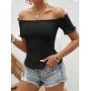 imageMakeMeChic Womens Off The Shoulder Top Lettuce Trim Short Sleeve Fitted T ShirtBlack