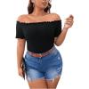 imageMakeMeChic Womens Off The Shoulder Top Lettuce Trim Short Sleeve Fitted T ShirtBlack Plus