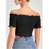 imageMakeMeChic Womens Off The Shoulder Top Lettuce Trim Short Sleeve Fitted T ShirtBlack Solid